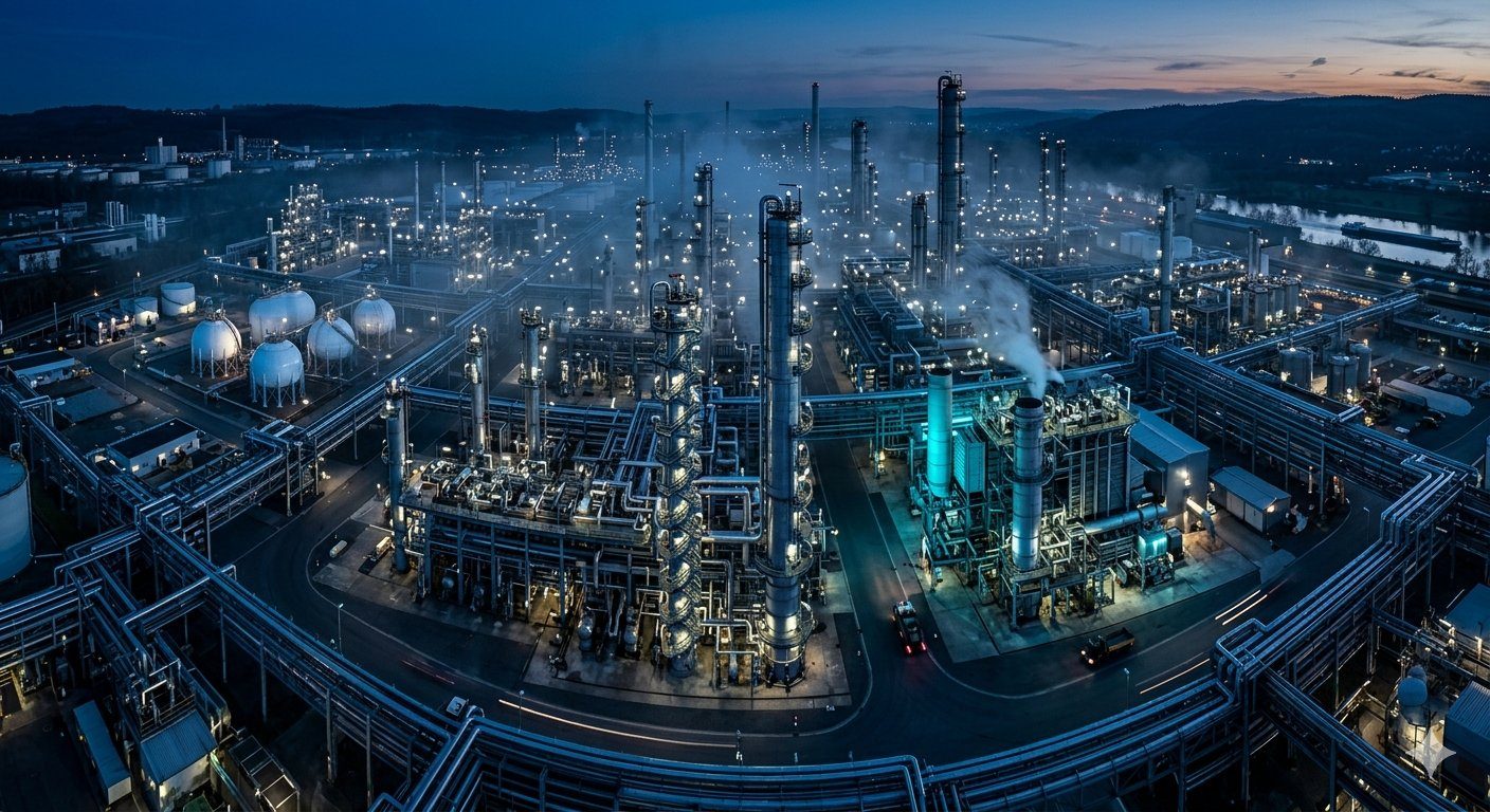 Industrieanlage und Raffinerie bei blauer Lichtstimmung